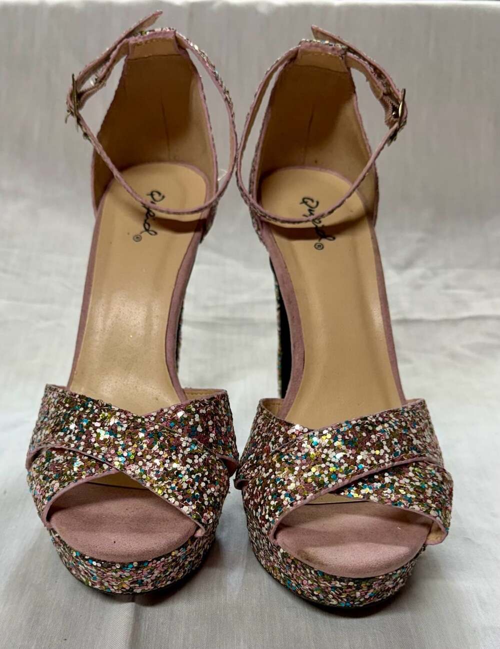 Qupid Women's Pink Multi-Colored Glitter Ankle Strap Platform Heels